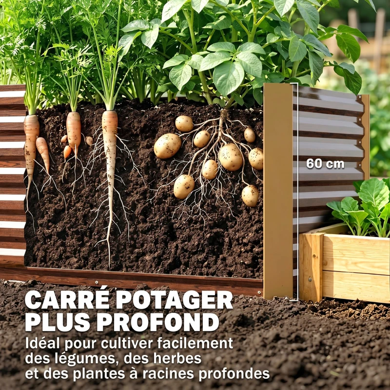 Outsunny Lot de 2 lits de jardin surélevés carrés potagers cadre en acier galvanisé fond ouvert 120 x 60 x 60 cm effet bois marron