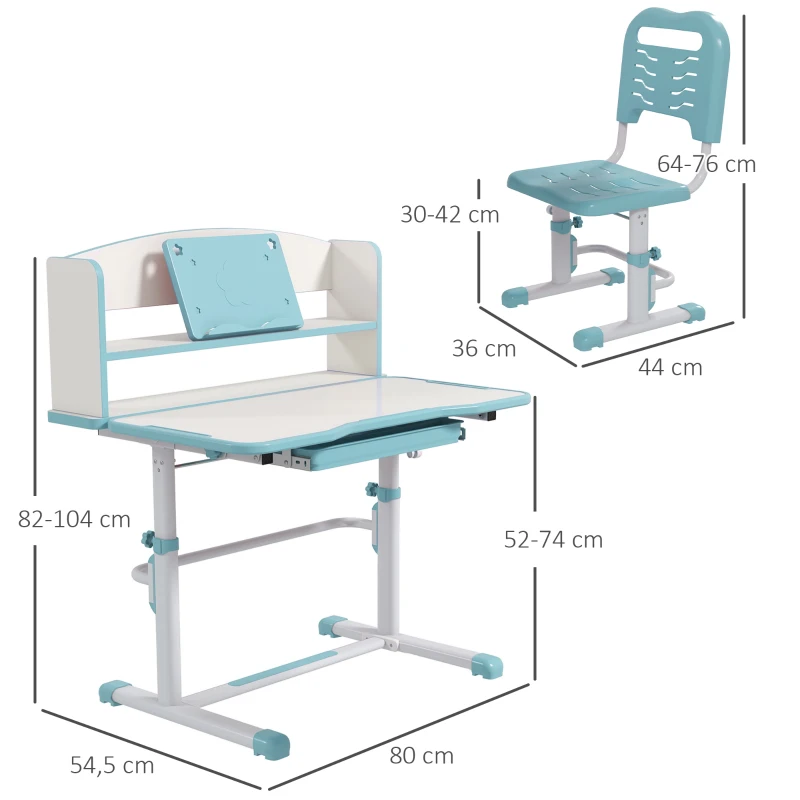 ZONEKIZ Set Scrivania per Bambini con Sedia Regolabile in Altezza e Piano Inclinabile, Età 6-12 Anni, Blu