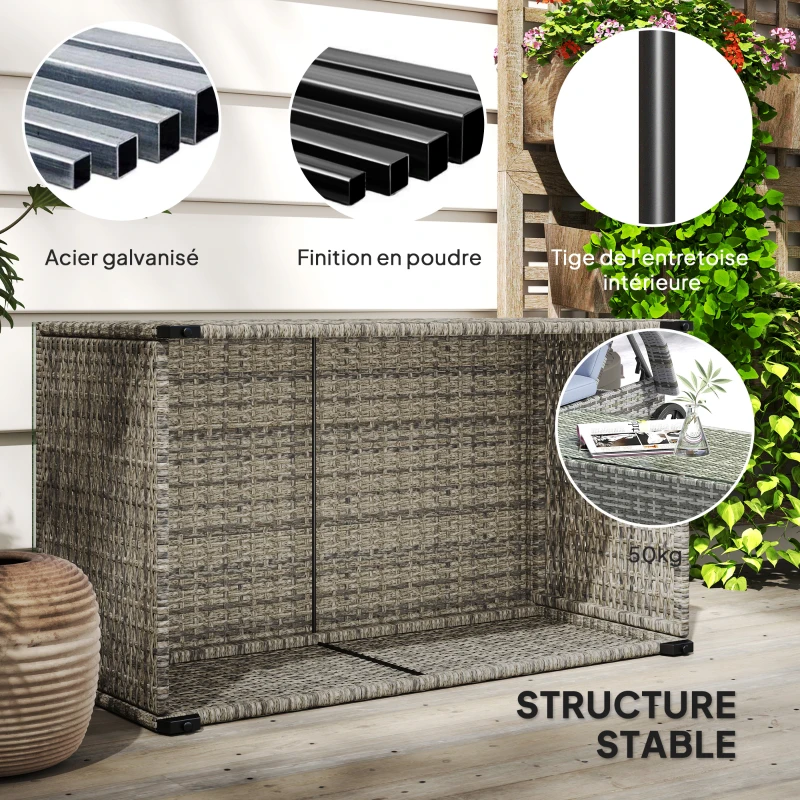 Outsunny Table basse de jardin, table d'appoint en résine tressée avec plateau en verre trempé, 90 x 50 x 38 cm, gris foncé