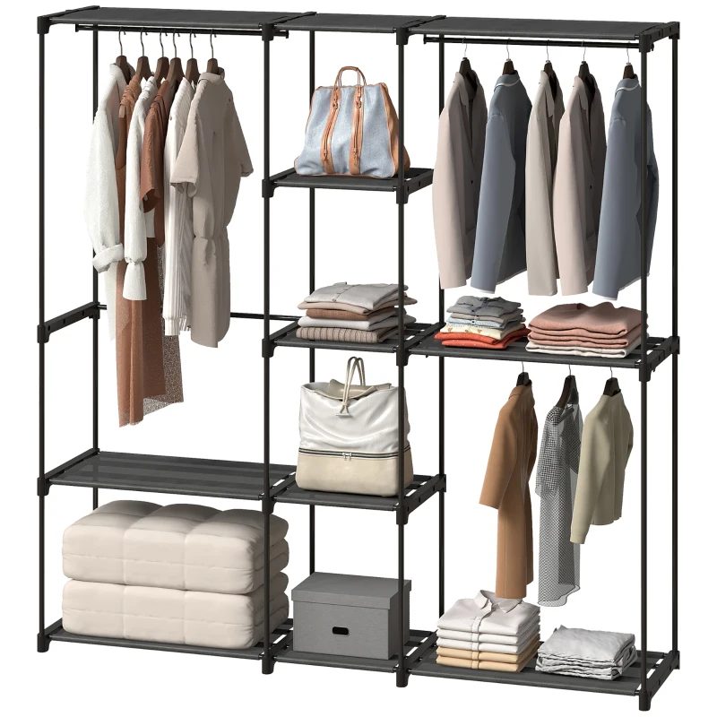 HOMCOM Portable Wardrobe, Open Clothes Wardrobe with 8 Shelves, 3 Hanging Rails, Black