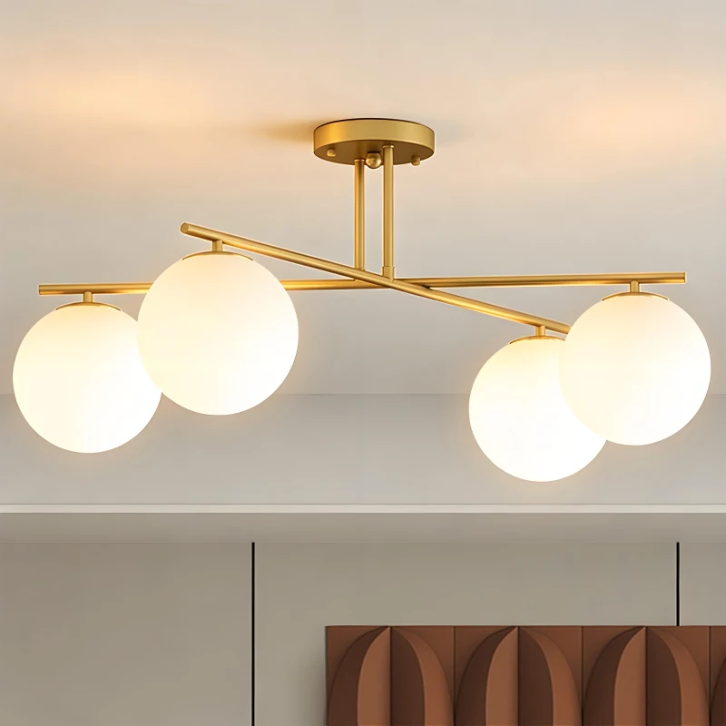 HOMCOM Plafonnier lustre moderne à 4 lumières avec culot E14, montage semi-affleurant, doré et crème