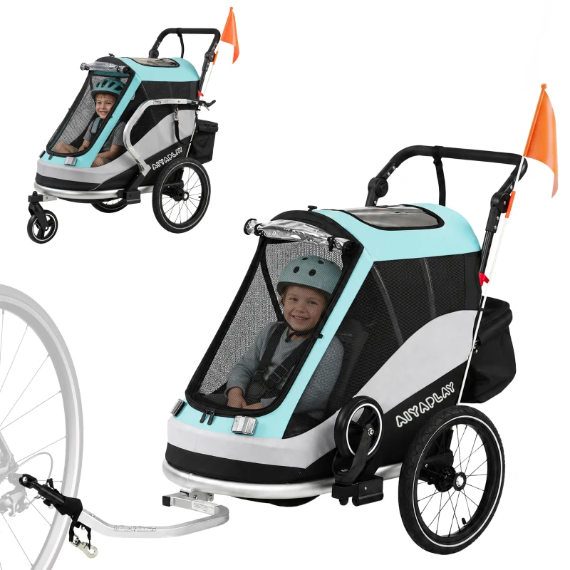 AIYAPLAY 2 in 1 Fahrradanhänger & Buggy Faltbar Kinderfahrradanhänger mit 5-Punkt Gurt Reflektoren 16-Zoll-Luftreifen Bremse
