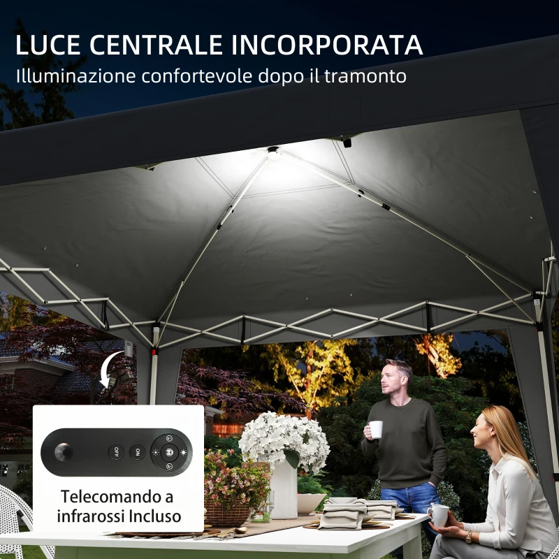 Outsunny Gazebo 3x3 m Pieghevole ad Altezza Regolabile con Luce Centrale e Telecomando, in Metallo e Poliestere, Nero