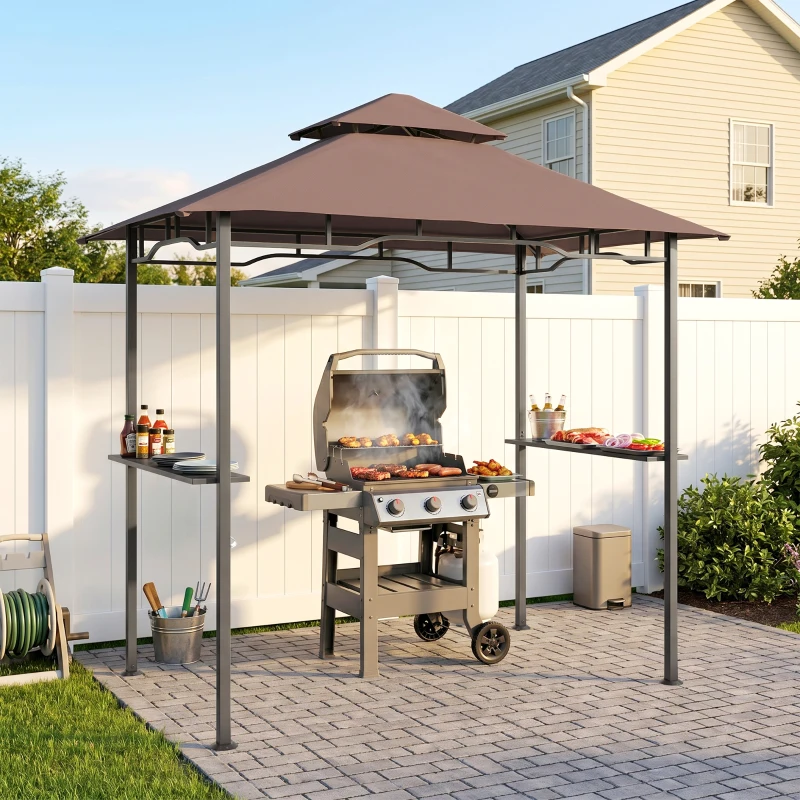 HOMCOM Pavillon abri tonnelle de Jardin pour Barbecue Double Toit 2 tablettes incluses Tissu Polyester Acier 2,5 x 1,5 m Chocolat