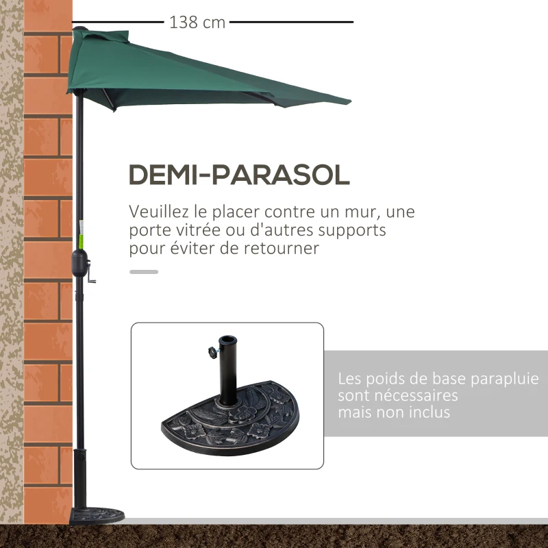 Outsunny Demi-Parasol Ø 2,7 m parasol de balcon 5 entretoises métal polyester vert
