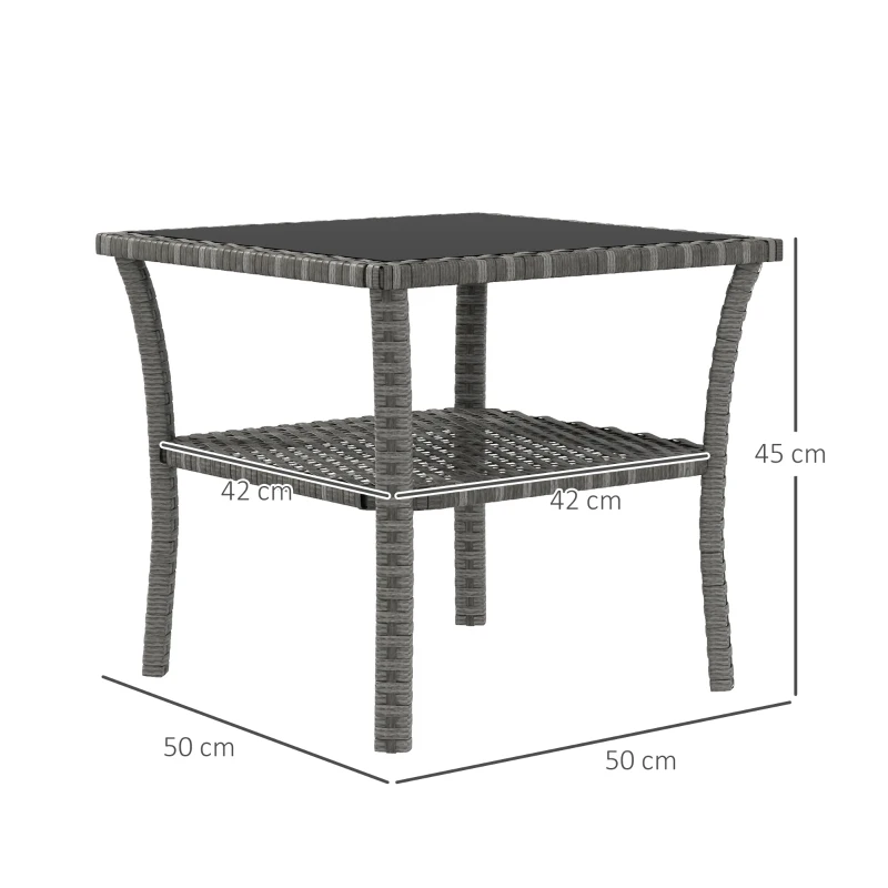 Outsunny Table d'appoint en résine tressée 2 niveaux 50x50x45cm, table basse de jardin carrée plateau en verre trempé, gris