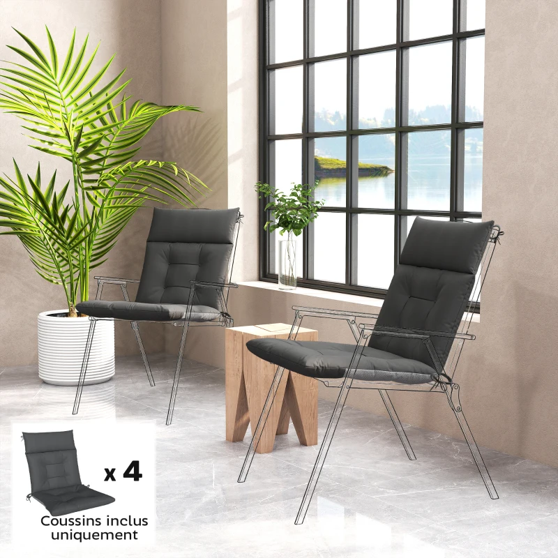 Outsunny Lot de 4 coussins pour chaises de terrasse, résistants à l'eau, antidérapants, avec liens, 112x53cm, Gris Foncé
