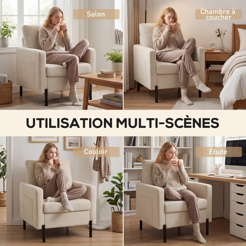 HOMCOM Fauteuil de salon, canapé 1 place rembourré avec accoudoirs, assise large et pieds en acier, 73 x 77 x 87 cm, beige