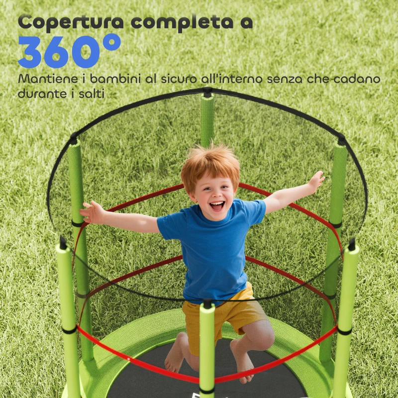 HOMCOM Tappeto Elastico per Bambini 3-6 Anni con Rete di Protezione, 6 Colonne e 3 Ingressi, Ø140x190 cm, Verde e Nero
