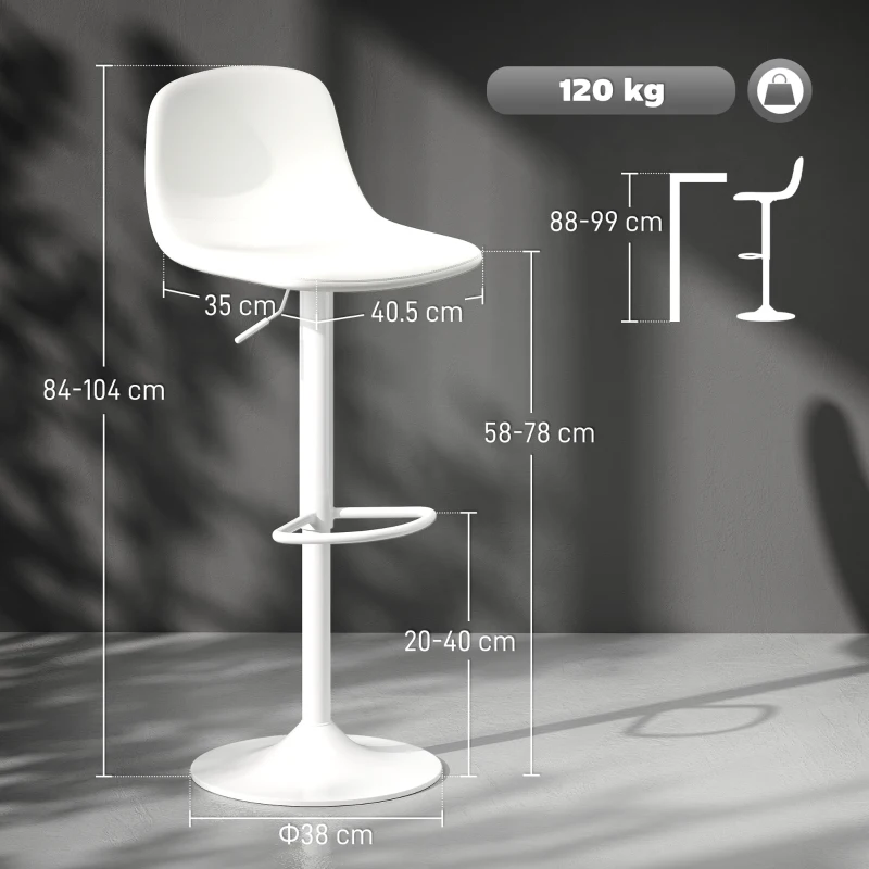 HOMCOM Set 2 Scaune de Bar cu Spătar și Suport pentru Picioare, Înălțime Reglabilă, Piele Ecologică PU, Alb