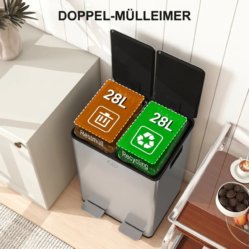 HOMCOM 2 x 28 L Doppelmülleimer, Pedalöffnung, leicht zu reinigen, Edelstahl, Kunststoff, Silber