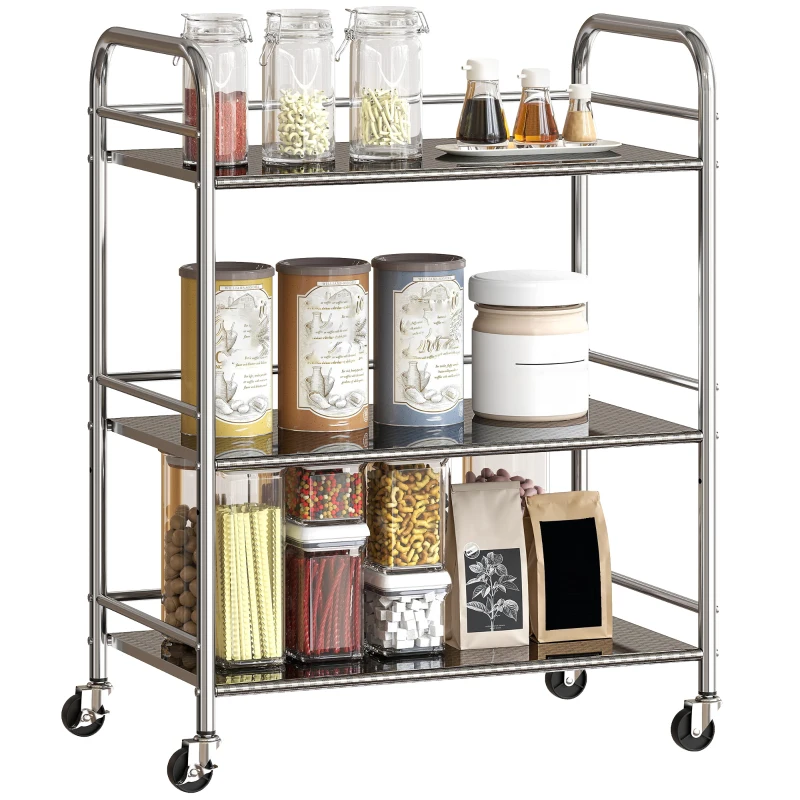 HOMCOM Desserte cuisine, chariot de service à 3 niveaux en acier inoxydable 201 avec poignées, roues, 60 x 35 x 77 cm, argenté