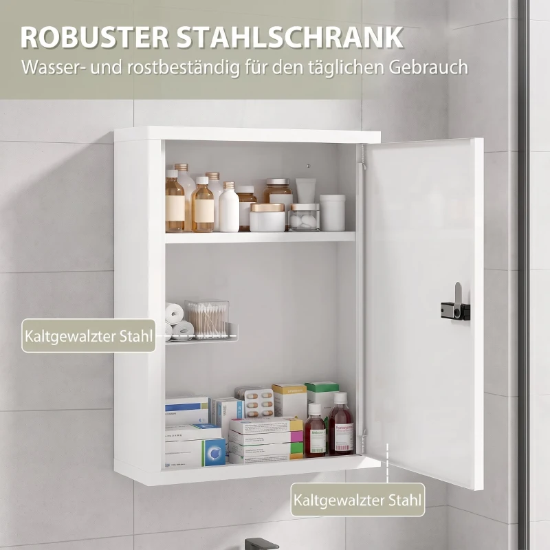 HOMCOM Medizinschrank zur Wandmontage, Badezimmerschrank mit Zahlenschloss, Tür und Ablagefächern, Weiß
