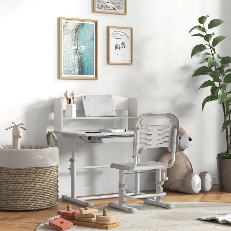 ZONEKIZ Pupitre Infantil Altura Ajustable con 1 Cajón 1 Estante y Ángulo de Mesa Ajustable 80x54,5x82-104 cm Gris y Blanco