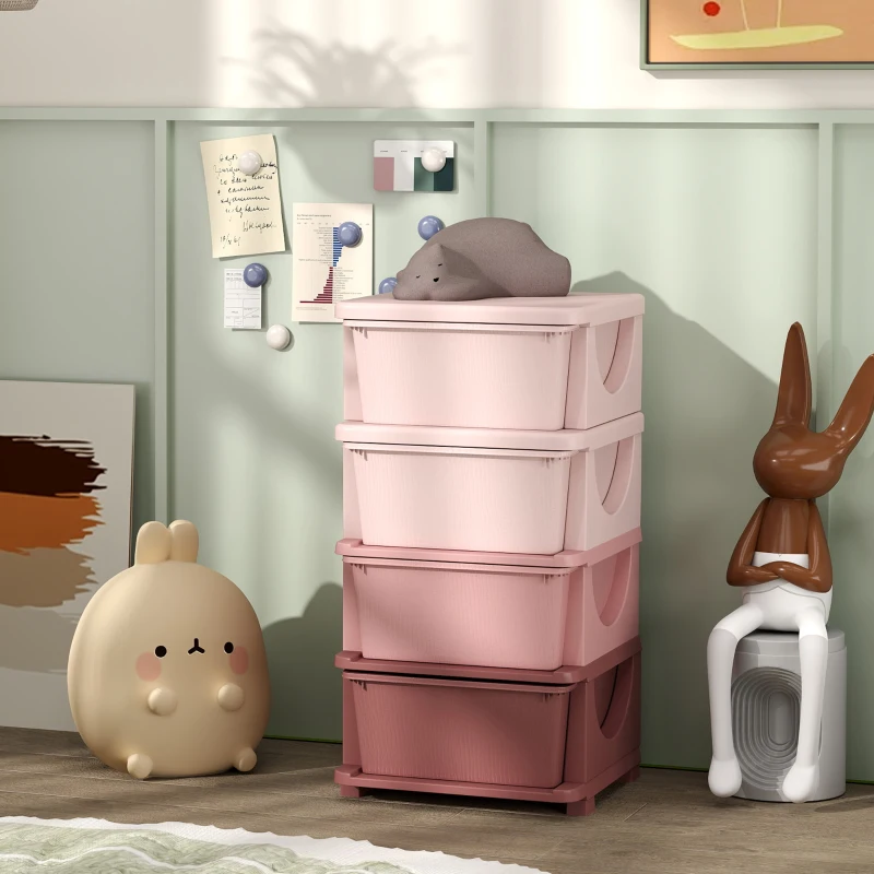 HOMCOM Organisateur de jouets pour enfants avec 4 tiroirs à 4 niveaux, boîtes de rangement en plastique, 37 x 37 x 76 cm, rose