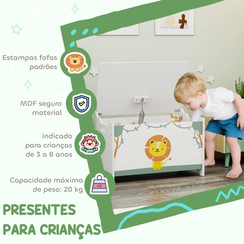AIYAPLAY Baú Brinquedos Infantil 53 L Caixa de Arrumação Brinquedos com Tampa Rebatível e Pistão a Gás 60x37x39 cm Verde