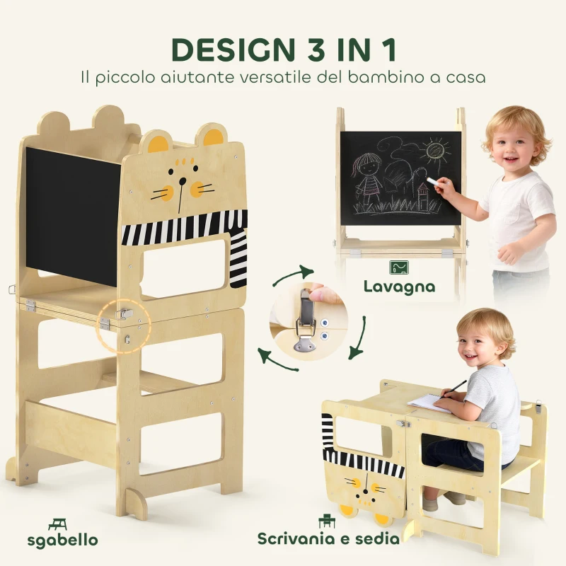 AIYAPLAY Torre Montessoriana Bambini 3 in 1 Pieghevole con Lavagna, Tavolo Sedia, Forma a Gatto, 2-5 Anni, Cucina