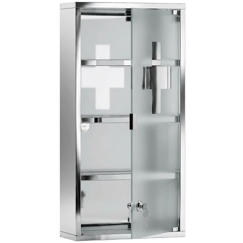 HOMCOM Armario de Medicinas Botiquín Gabinete de Primero Auxilios Acero Inox 4 Estantes Caja Colgante de Pared con Cerradura