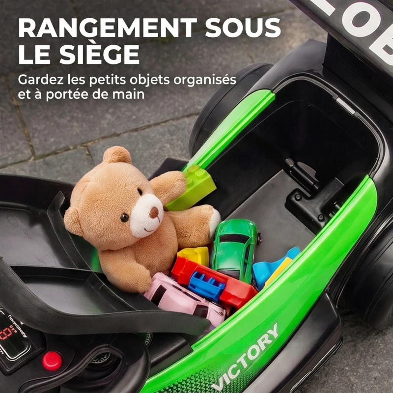 AIYAPLAY Porteur enfants voiture F1, véhicule à pousser avec volant musical, roues silencieuses et coffre, 18-36 mois, vert
