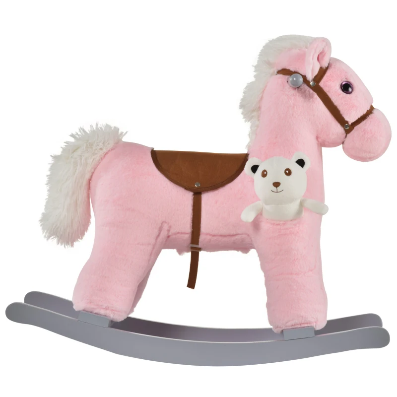 HOMCOM Cavallo a Dondolo per Bambini in Legno e Peluche con Suoni e Orsetto Incluso, per Bimbi da 18-36 Mesi, 65x26x55cm, Rosa