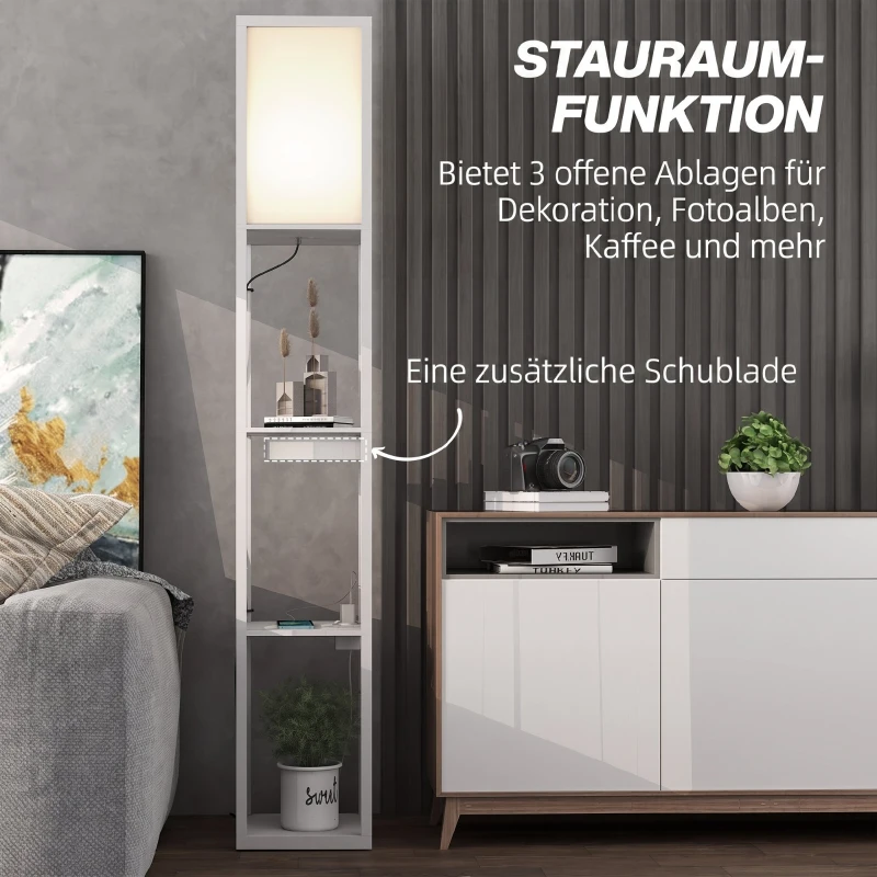HOMCOM Stehlampe mit 3-stufigem Regal, Fußschalter, USB-Anschlüssen, MDF, Weiß