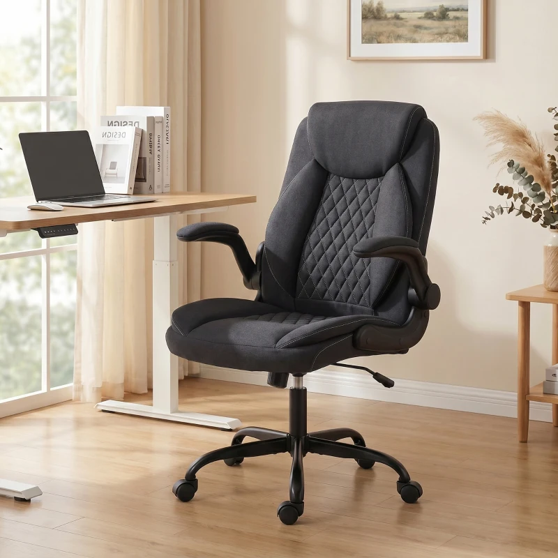 HOMCOM Linen-Look Computer Desk Chair, Executive Office Chair with Flip-Up Armrests and Thick Cushion, Black