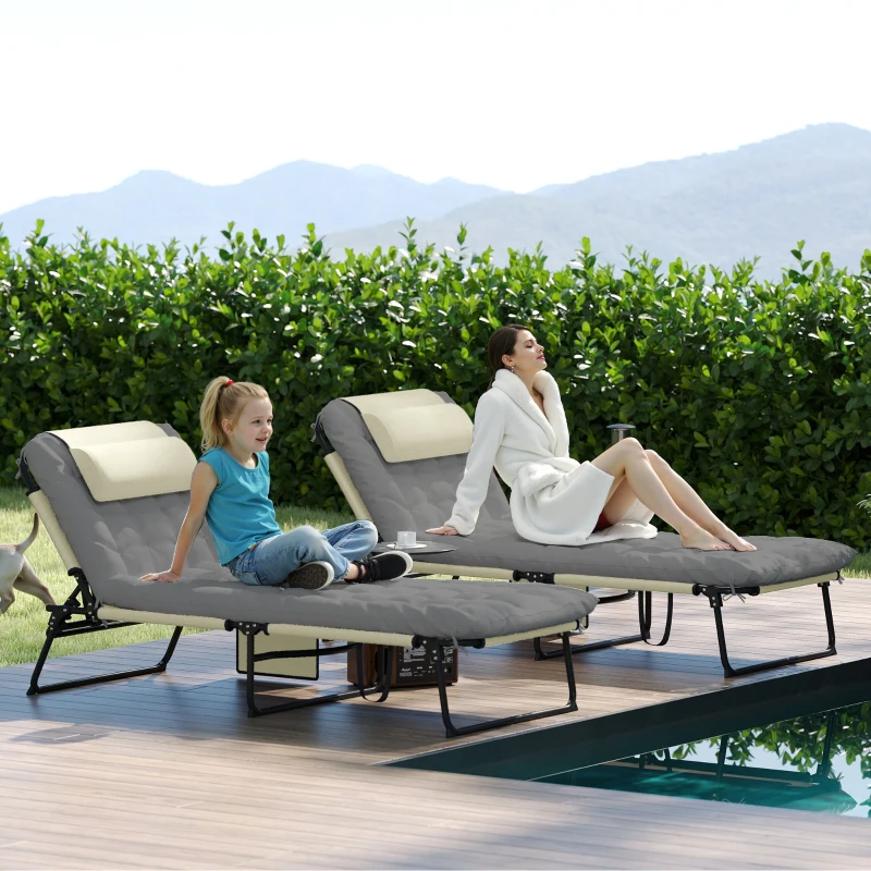 Outsunny Lot de 2 transats bains de soleil pliable avec dossier inclinable 4 positions - appui-tête et matelas épais crème