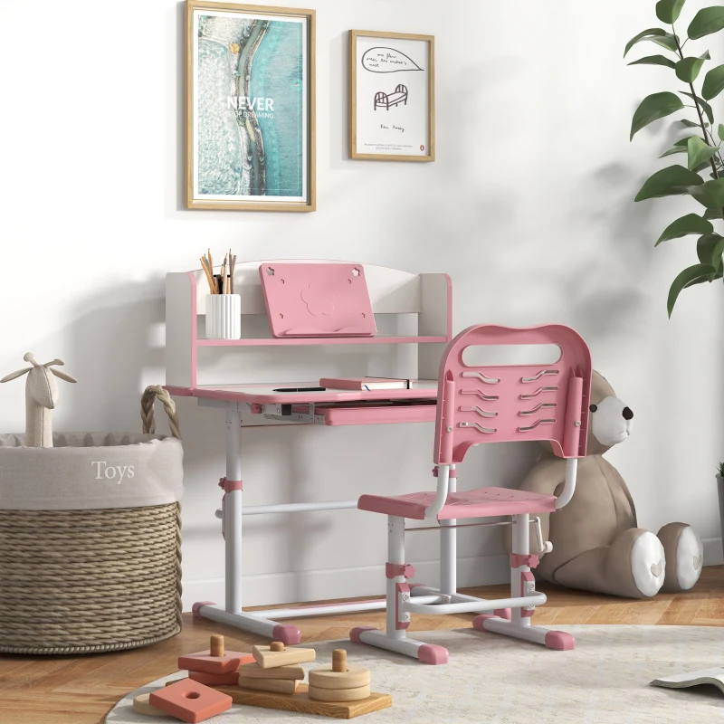 ZONEKIZ Set Scrivania per Bambini con Sedia Regolabile in Altezza e Piano Inclinabile, Età 6-12 Anni, Rosa