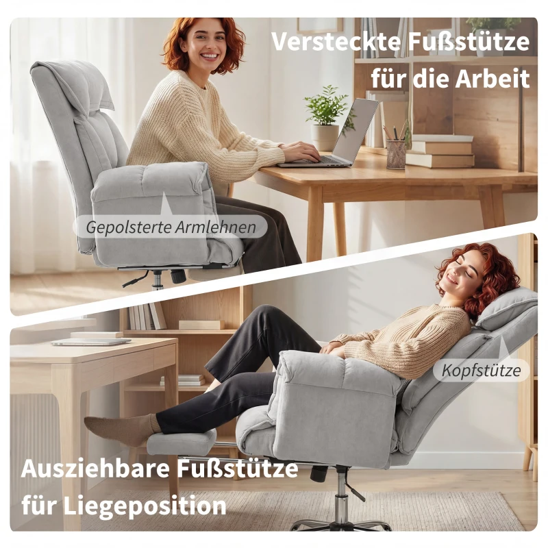 HOMCOM Bürostuhl Neigbar Höhenverstellbar Schreibtischstuhl mit Armlehne Fußstütze hoher Rückenlehne 75 x 77 x 110-118 cm Grau