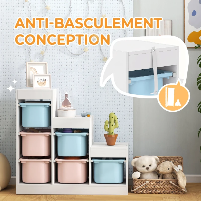AIYAPLAY Meuble de rangement pour jouets des enfants avec 6 bacs amovibles, 3 niveaux de rangement, 96 x 38,5 x 90, multicolore