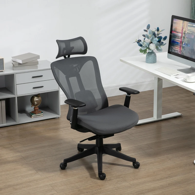 Vinsetto Silla de Escritorio de Malla con Reposacabezas Ajustable Soporte Lumbar y Reposabrazos 3D 70x66x128 cm Gris