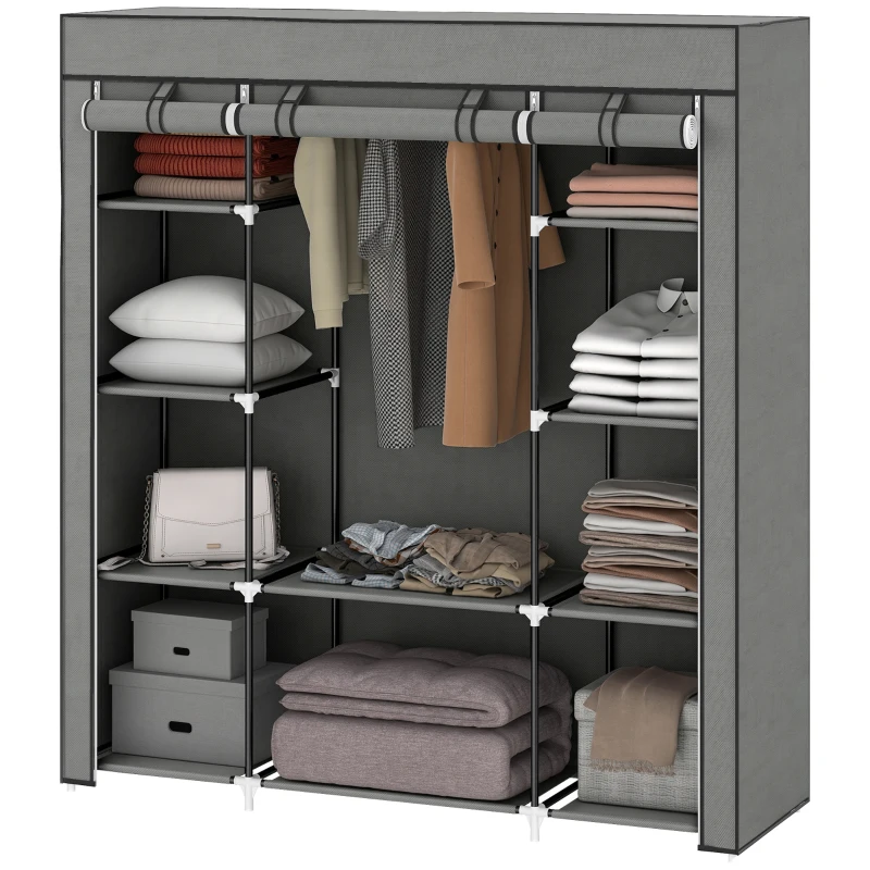 HOMCOM Clothes Storage Organiser with Hanging Rail, Shelves, Portable Wardrobe, Foldable Fabric Wardrobe, Dark Grey