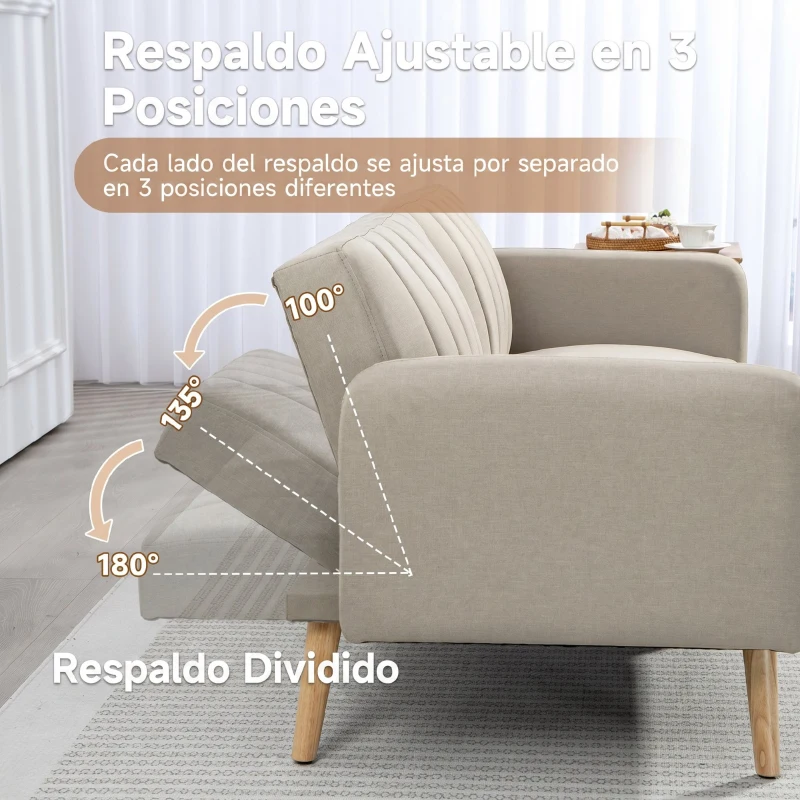 HOMCOM Sofá Cama de 2 Plazas Tapizado en Lino Sintético con Respaldo Ajustable y Reposabrazos Desmontables 173x75x73 cm Beige