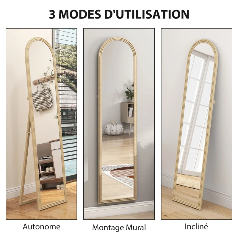 HOMCOM Miroir de sol arqué pleine longueur miroir sur pied cadre en effet imitation pierre pour salon chambre 40 x 160 cm beige