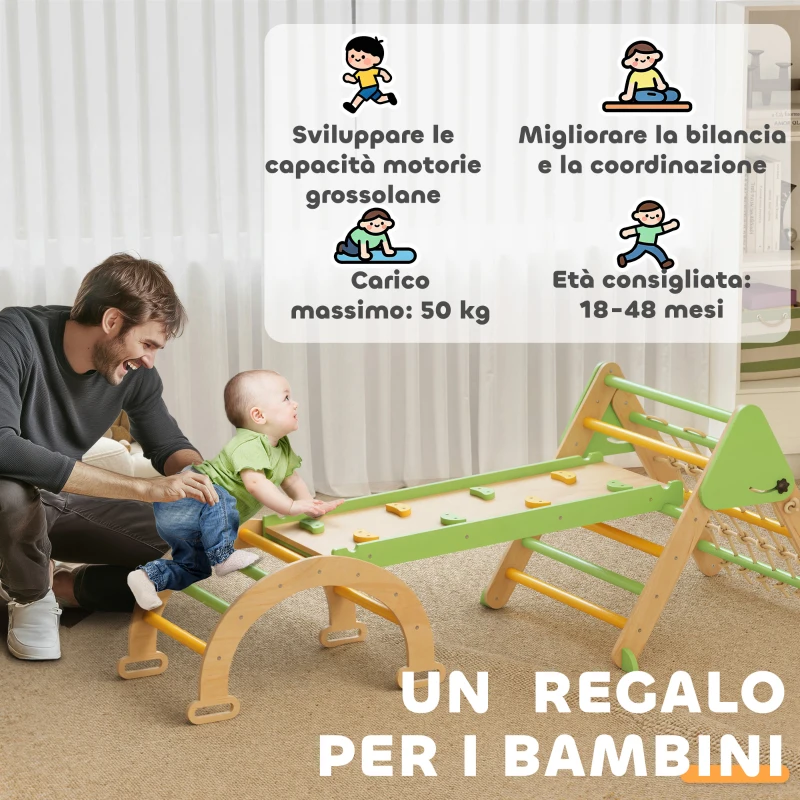 AIYAPLAY Gioco per Bambini 8 in 1 con Triangolo, Parete Liscia e Arco, in Legno di Pioppo e Pino, 191.5x74.5x63 cm