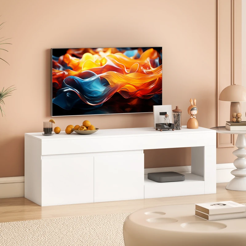HOMCOM Lowboard TV modern pentru living cu 2 uși, compartiment deschis și mânere, pentru televizoare de până la 152,4 cm, 140 x 40 x 48 cm, Alb