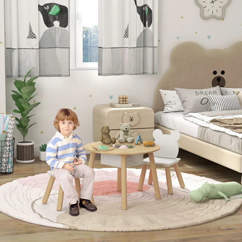 AIYAPLAY Set con Tavolo e 2 Sedie per Bambini con Schienale a Orsetto, Tavolino con Vano Contenitore, Color Legno