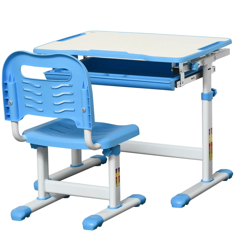 HOMCOM Banco Scuola per Bambini 6-12 Anni con Sedia Regolabile, Cassetto e Piano Inclinabile, 66x47x52-77 cm, Blu
