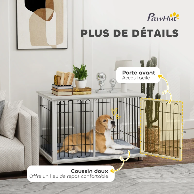 PawHut Cage pour chien caisse pour chien avec coussin pieds réglables pour chiens moyens jusqu'à 20 kg 90 x 58 x 62,5 cm gris