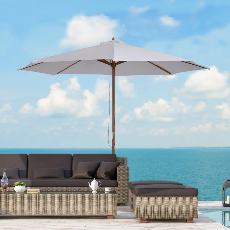 Outsunny Sonnenschirm Ø 300 cm, Sonnenschirm mit UV Schutz Balkonschirm aus Holz Strandschirm stabil Marktschirm Sonnenschutz für Strand Terrasse Garten, Weiß