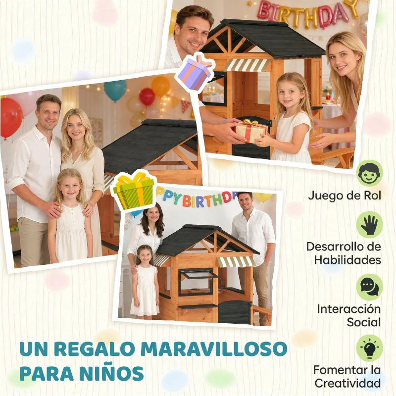 AIYAPLAY Casita Infantil Exterior e Interior de Madera con Cocina de Juguete y Banco de Picnic Ventanas de Servicio Marrón