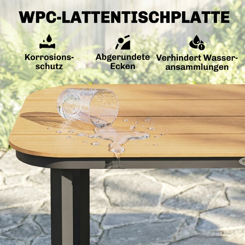 Outsunny Gartentisch, Esstisch für 6 Personen, Balkontisch mit Metallrahmen, WPC Lamellentischplatte, 155 x 88 x 72 cm, Braun