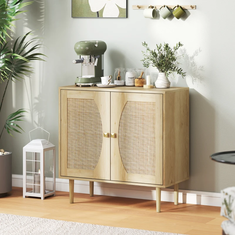 HOMCOM Buffet de cuisine meuble de rangement double portes avec 2 niveaux, façade en cannage 80 x 38 x 79 cm effet bois naturel