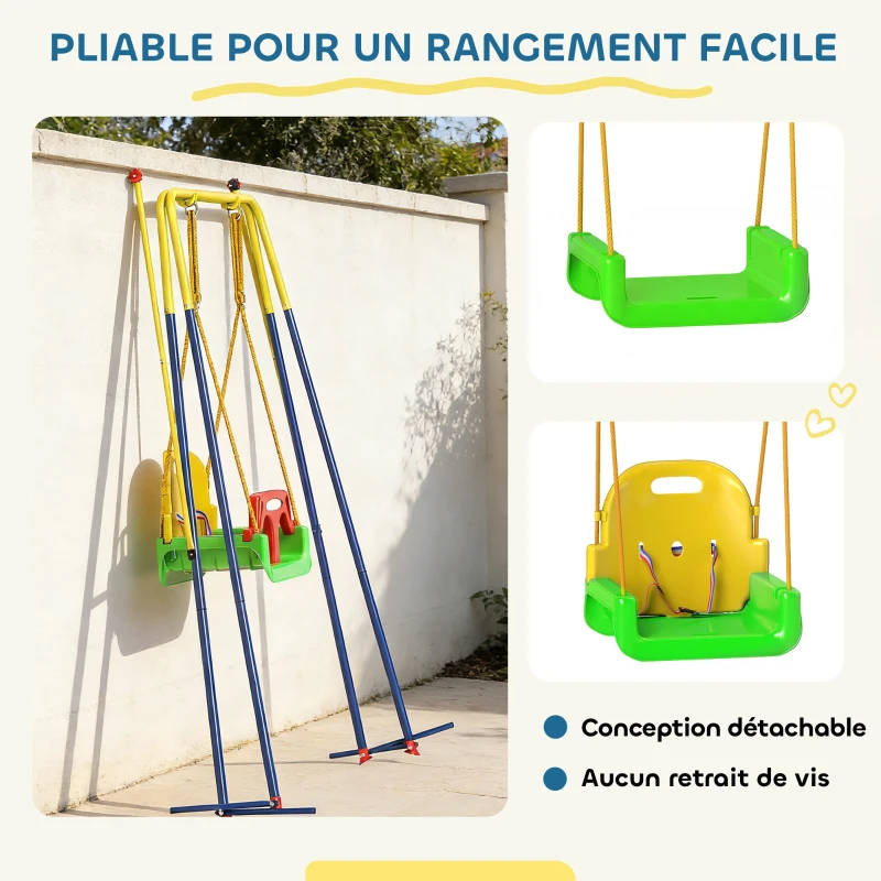 AIYAPLAY Portique Balançoire Enfants 3-en-1, Balançoire Pliable avec Siège Réglable, Intérieur et Extérieur, Multicolore