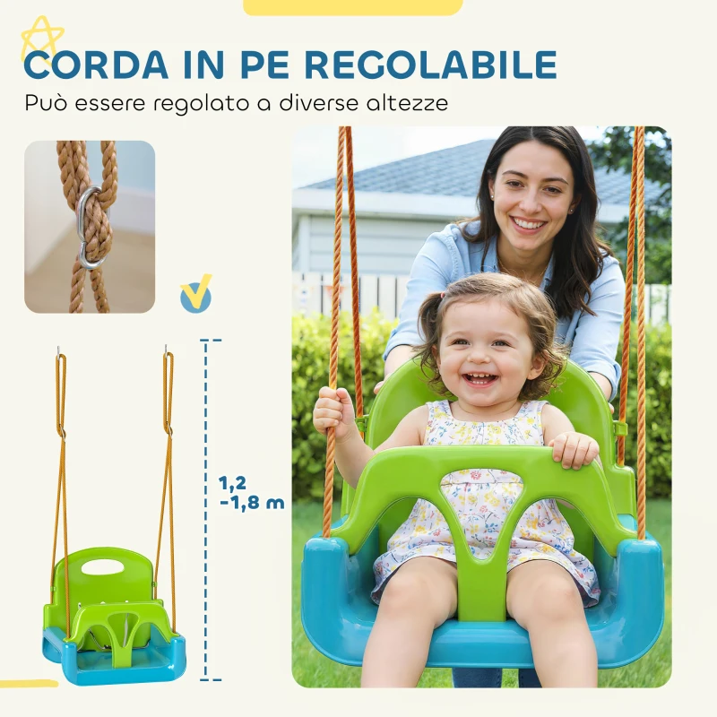 Outsunny Altalena per Bambini Altalena da Giardino 3 in 1 42x33x120-180 cm Verde