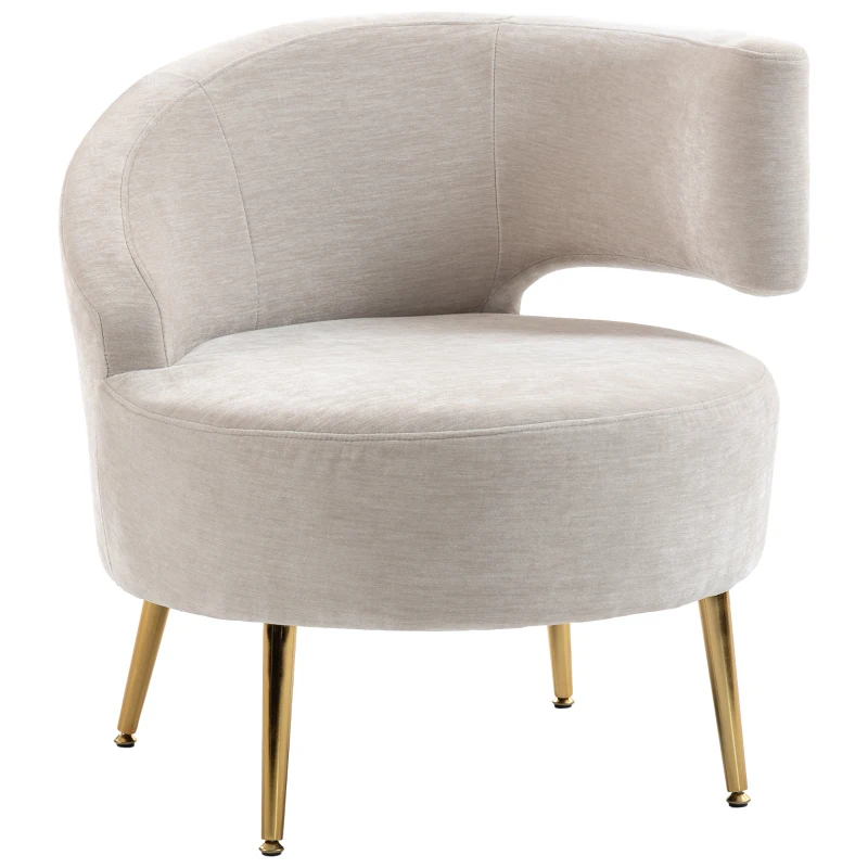 HOMCOM Loungesessel Sessel mit Chenille-Optik, Schrägere Rückenlehne, Goldenen Stahlbeinen für Wohnzimmer, Cremeweiß