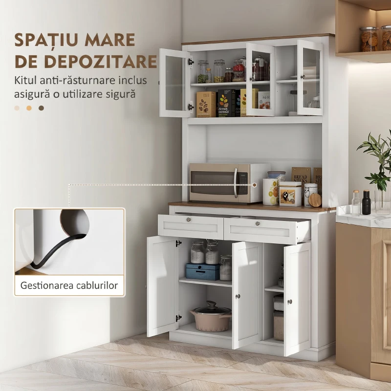 HOMCOM bufetieră înaltă de bucătărie cu 4 dulapuri, 2 sertare și blat central, 100x40x180 cm, alb