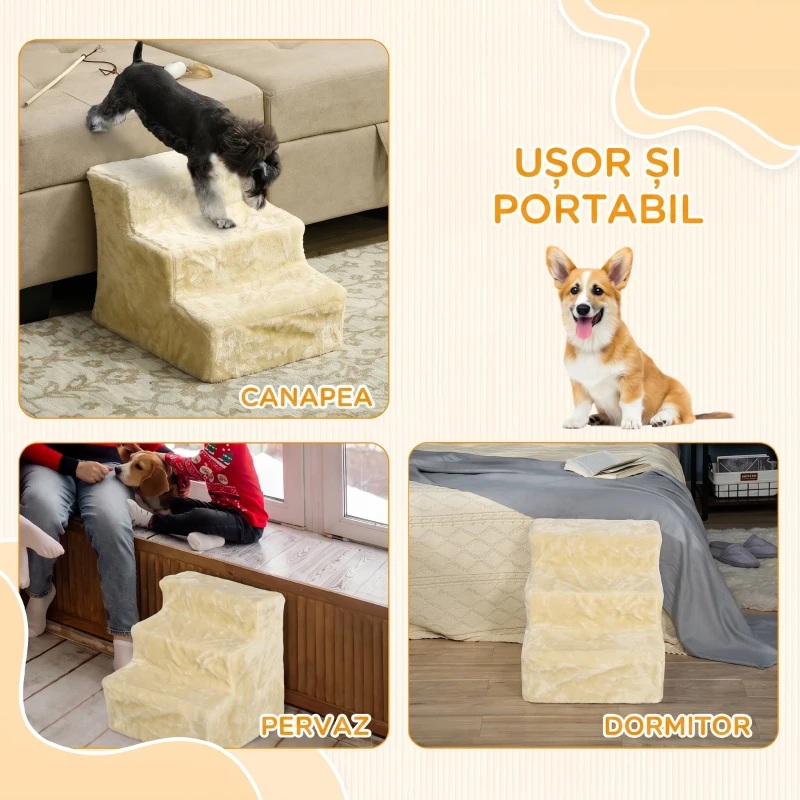 PawHut scară pentru câini cu 3 trepte, pentru câini și pisici de până la 4,5 kg, din catifea detașabilă și lavabilă, bej