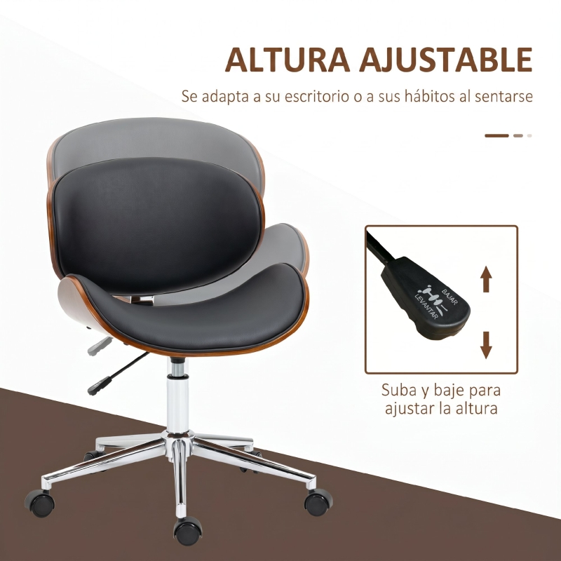 Vinsetto Silla de Oficina con Ruedas Silla de Escritorio Tapizada en PU con Asiento Ancho y Curvado Altura Ajustable Negro