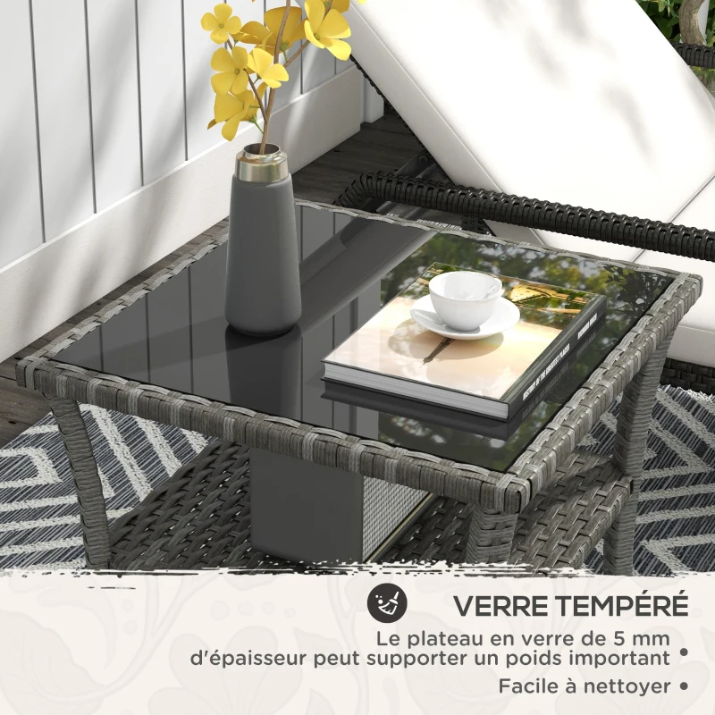 Outsunny Table d'appoint en résine tressée 2 niveaux 50x50x45cm, table basse de jardin carrée plateau en verre trempé, gris